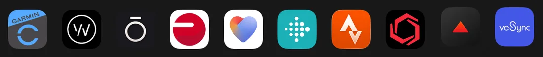 App icons for Garmin, Whoop, Oura, Polar, Withings, Fitbit, Strava and veSync