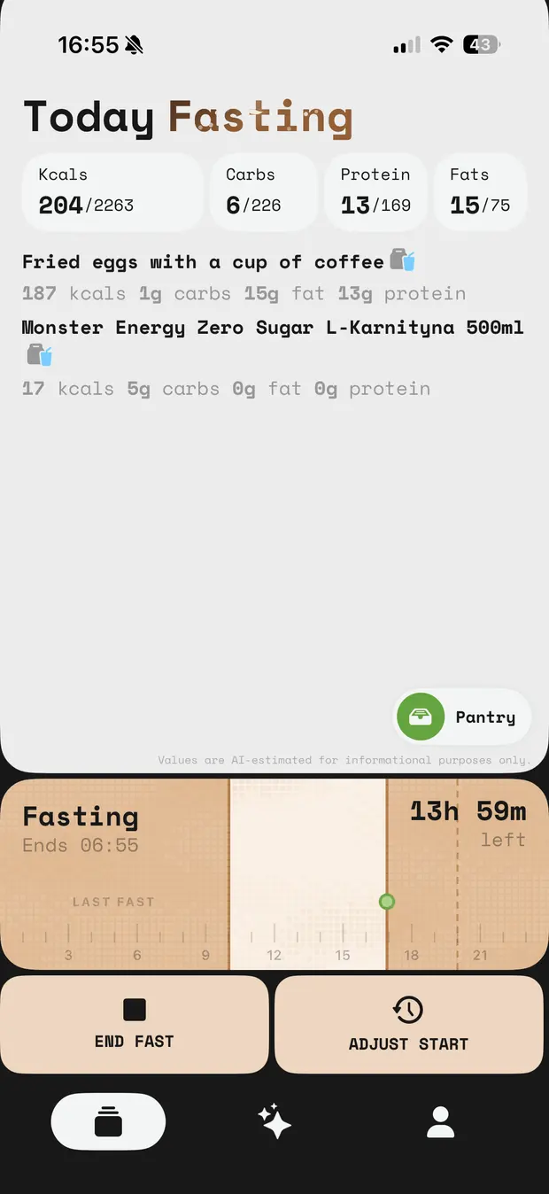 0xCal day view with an active fasting window showing 13 hours 59 minutes left, and buttons to end the fast or adjust its start
