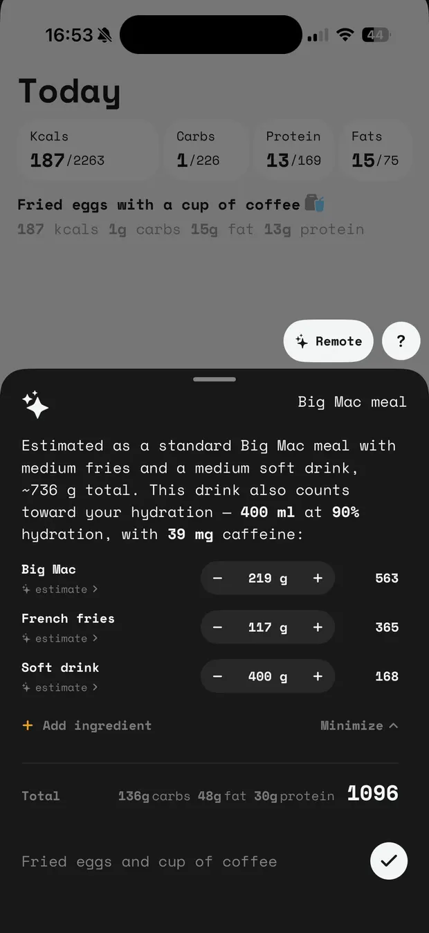 0xCal breaking a Big Mac meal into Big Mac 219g, French fries 117g and soft drink 400g, each with its own calorie count