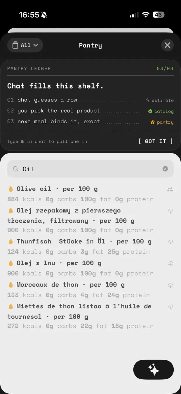 0xCal pantry search for oil, returning olive oil, cold pressed rapeseed oil and tuna in oil with per 100g nutrition