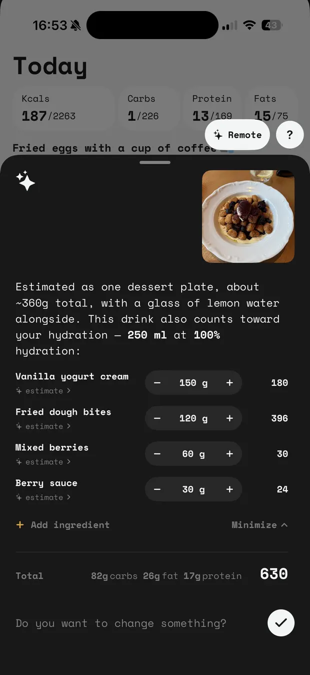 0xCal reading a photo of a dessert plate into yogurt cream, dough bites, mixed berries and berry sauce with weights