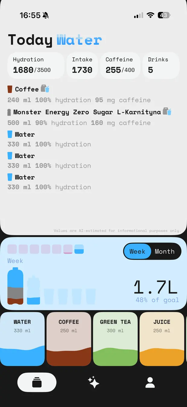 0xCal hydration screen showing 1680 of 3500 ml, 255 of 400 mg caffeine, and each drink logged with its hydration percentage